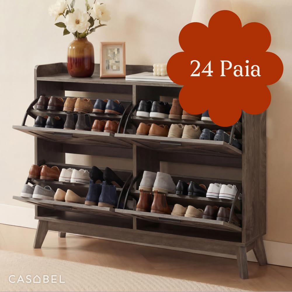CASABEL Scarpiera 4 Ribalte, Frontali con motivo a croce, Legno Scuro, Design Funzionale, Grande Capacità 24 Paia, Mobile Pratico per Corridoio, Ingresso o Soggiorno, 114x24x96 cm