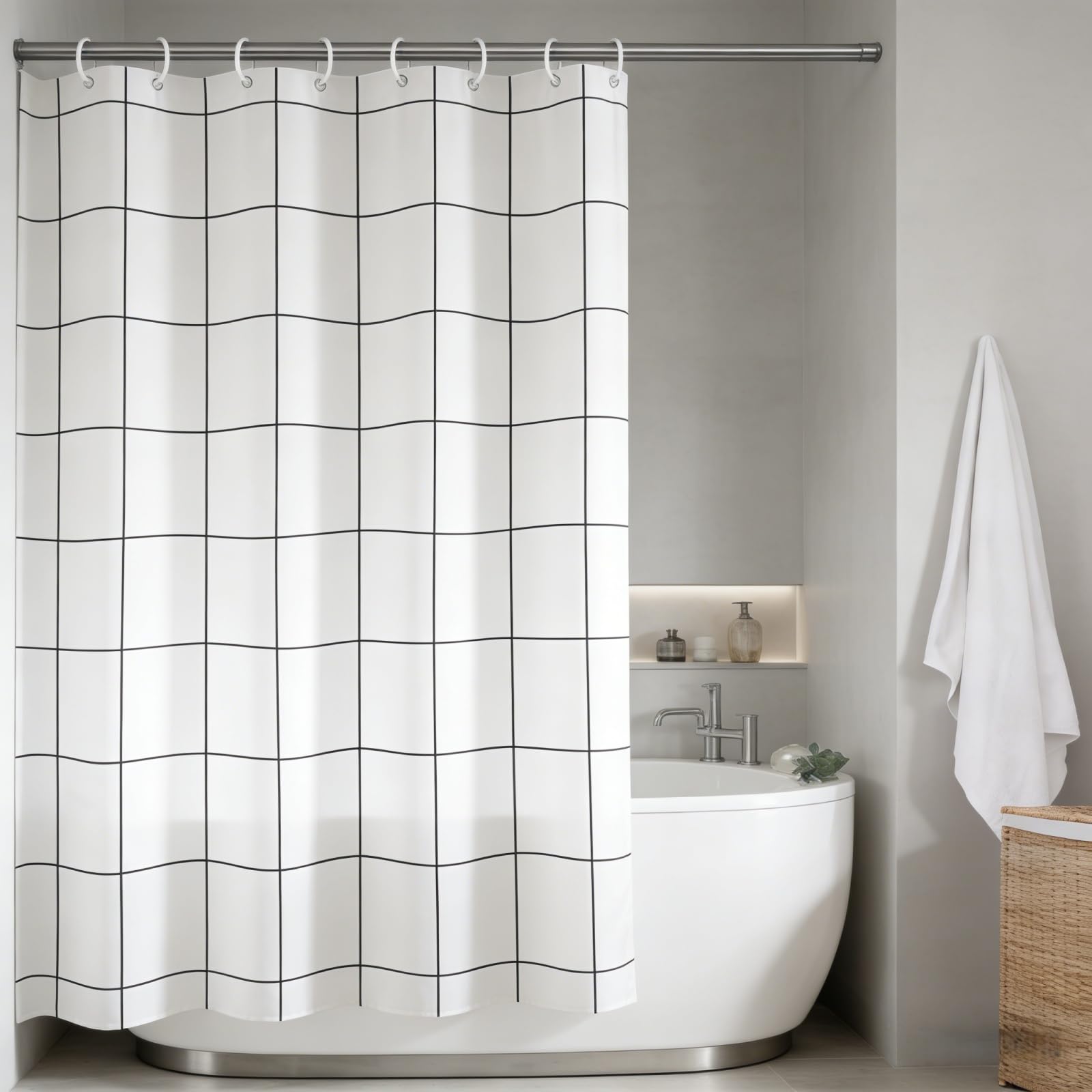 Rideau de Douche 200 x 180 cm Imperméable Rideau Douche Anti Moisissure avec 12 Crochets pour Salle de Bain, Baignoire, Noir et Blanc