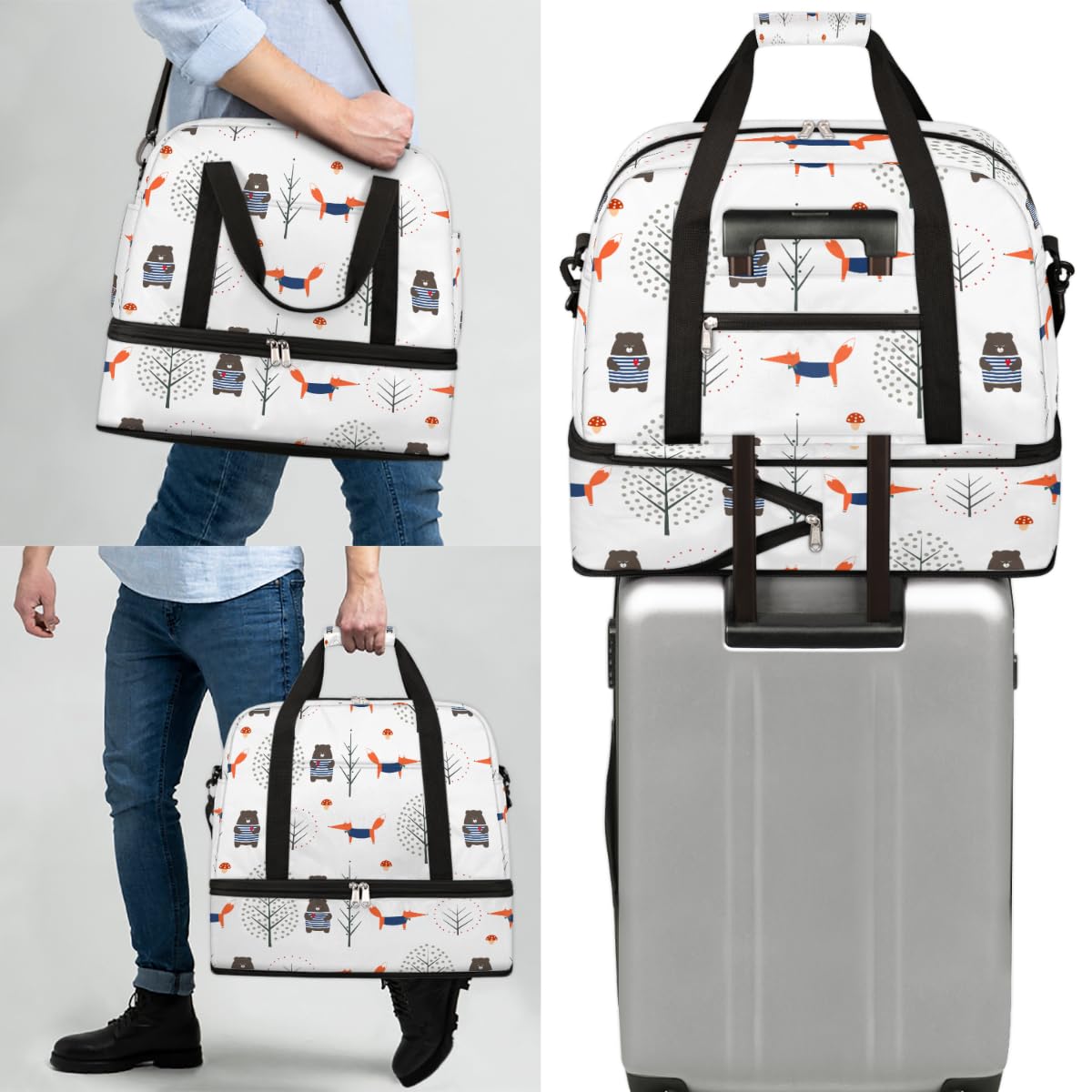 Fox Bear Forest - Borsone da viaggio pieghevole, 47 l, con maniche a trolley, borsa a tracolla separata bagnata per sport, palestra, viaggi, Multi, 47L, Borsone da viaggio