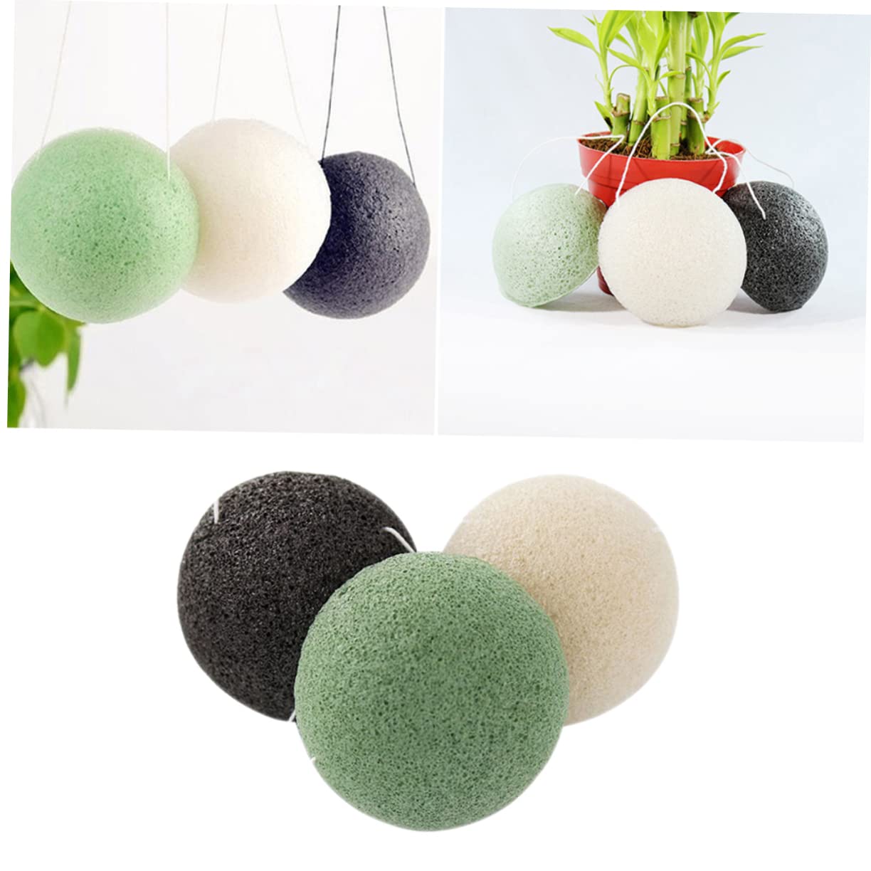 PartyKindom 6Pcs Round Cleansing Sponges Washing Puff Black Green White for Gentle Exfoliation Vegan Facial Care Sponges