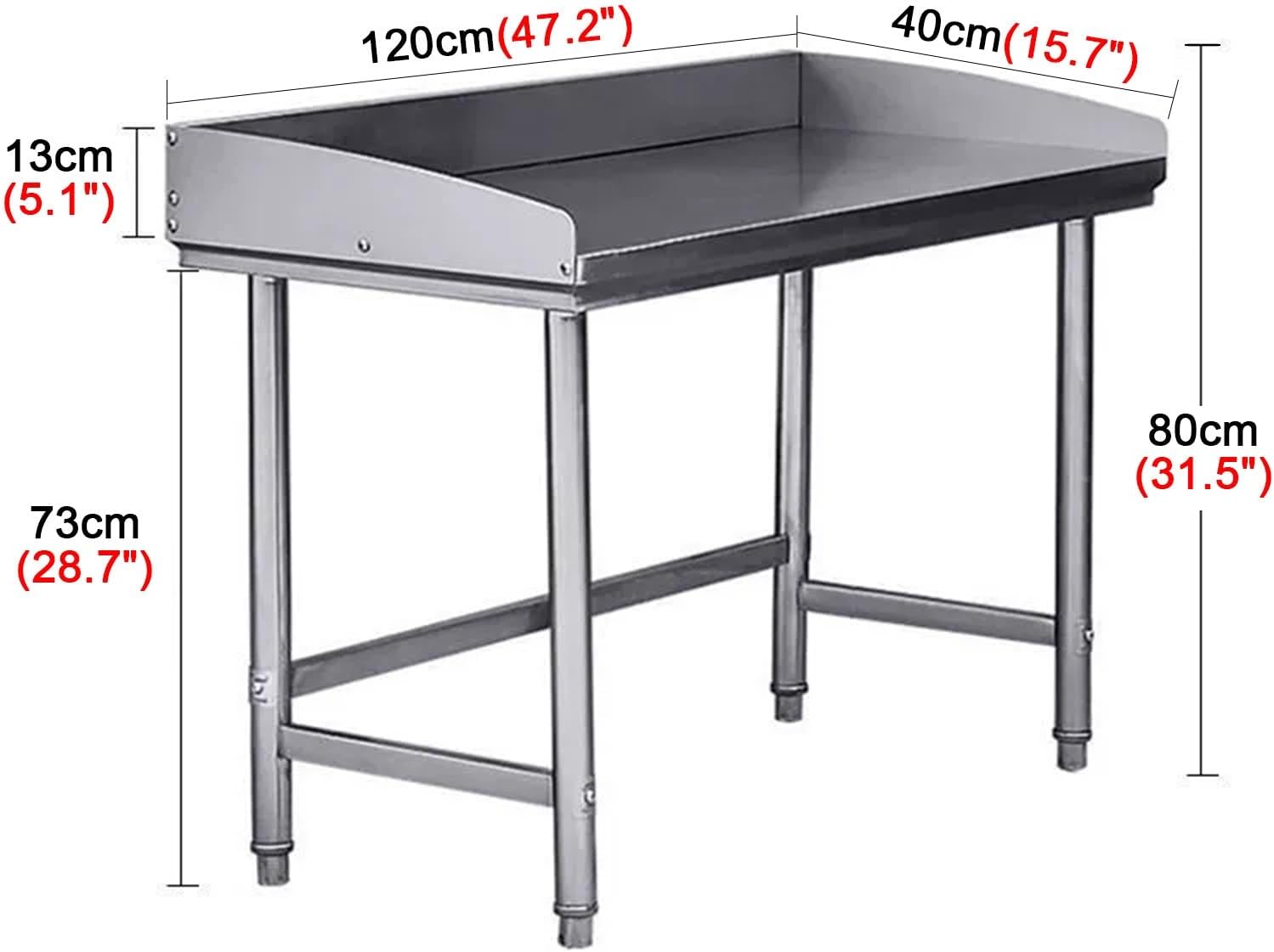 3-Sided Stainless Steel Workbench H80cm Kitchen Work Table Load 300KG Reinforced Uprights with Adjustable Leveling Feet