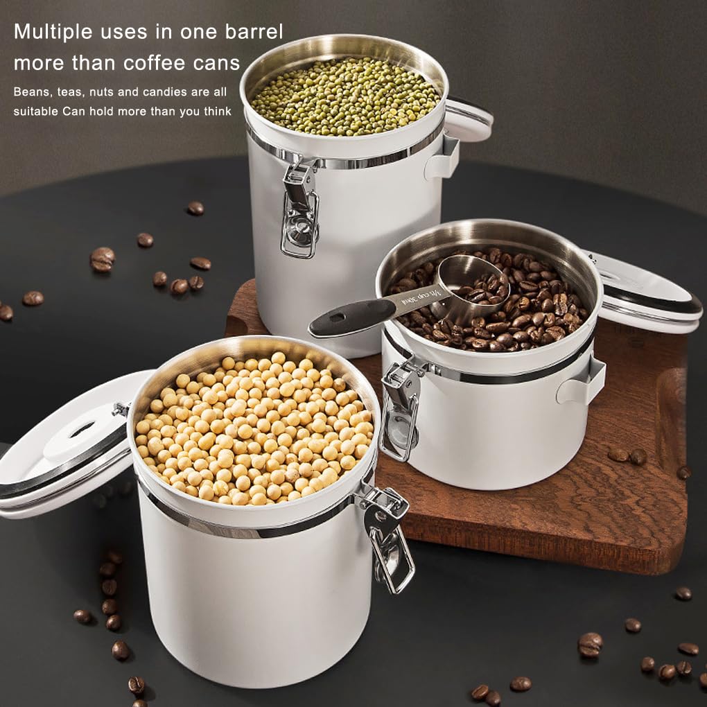 Vakuum-Kaffeebohnen, 1,2 l, luftdichter Behälter mit Datums-Tracker, Tee, großes Fassungsvermögen, für Büro, Lebensmittel, weiß/Stahllöffel, 1200 ml, 2 Stück