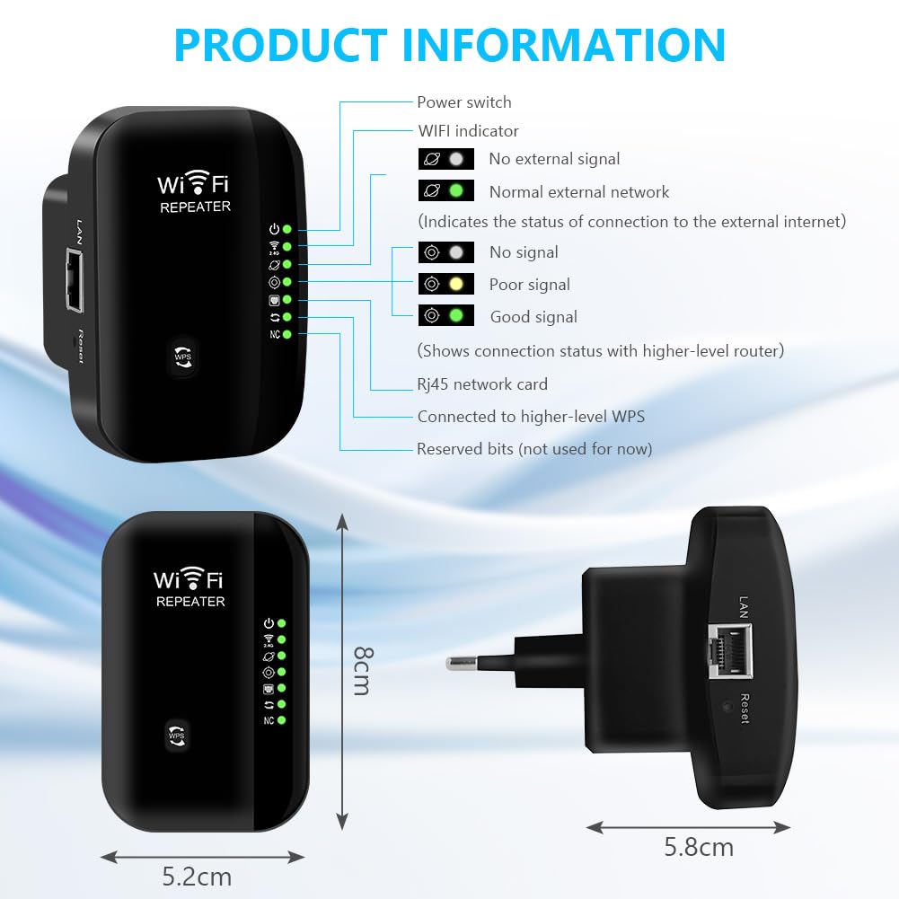 Flintronic Repeater WiFi, 2,4 GHz WiFi Extender, potężny wzmacniacz WiFi obejmuje do 20 urządzeń, bezprzewodowy wzmacniacz sygnału sieciowego, zakres wzmacniacza WiFi z portem Ethernet