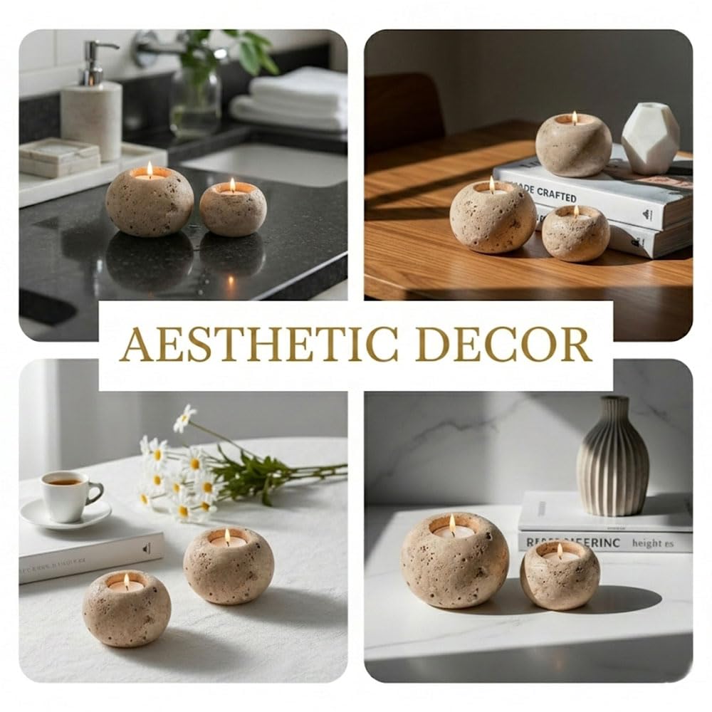 Radicaln Portacandele in marmo da 10,2 cm in travertino decorativo fatto a mano per la decorazione della casa, elegante set di 3 mini portacandele e portacandele in marmo per l'inaugurazione della