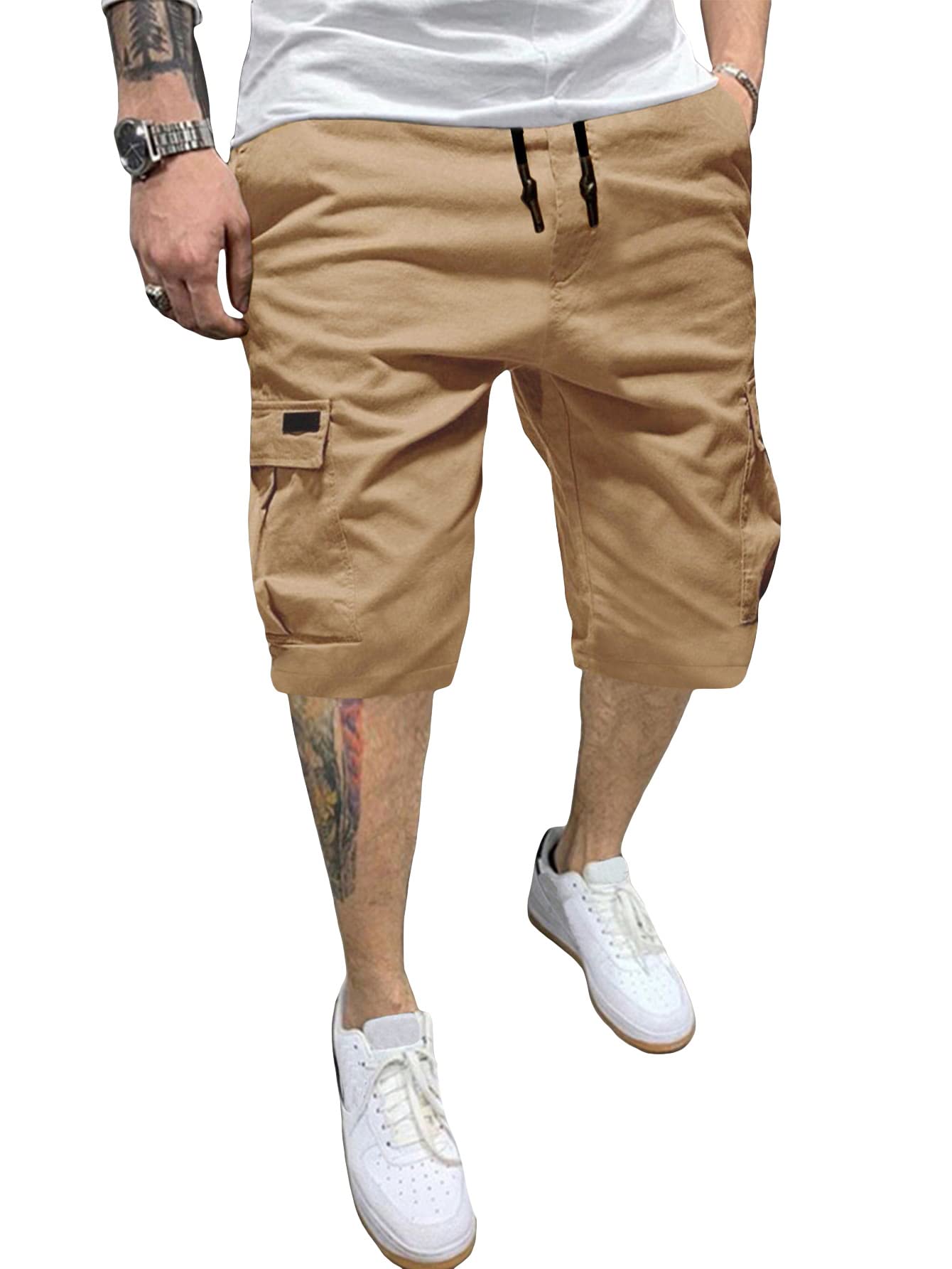 Men's Casual Elastic Drawstring Waist Straight Leg Cargo Shorts with Flap Pocket