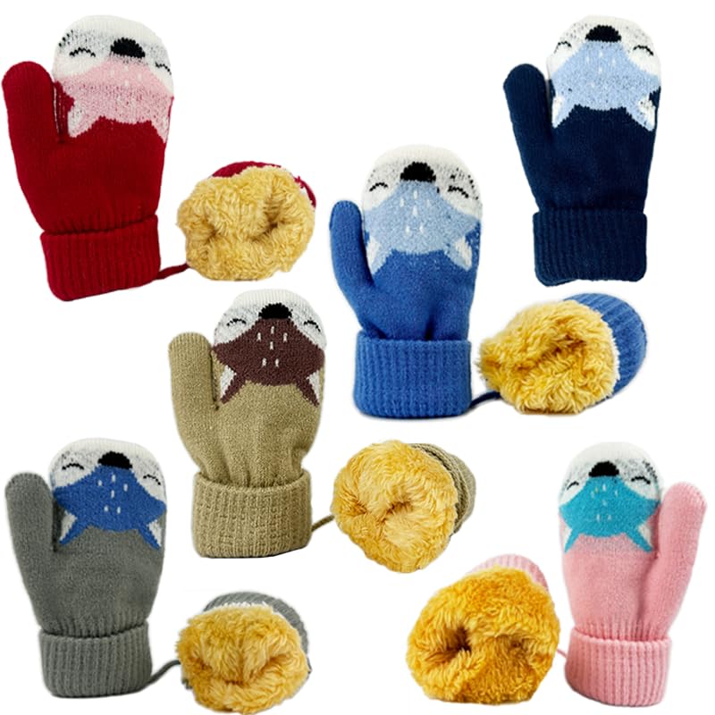 Toddler Kids Warm Thick Knitted Fnger Mittens with String for 1-3 Years Kids (6 Colors)