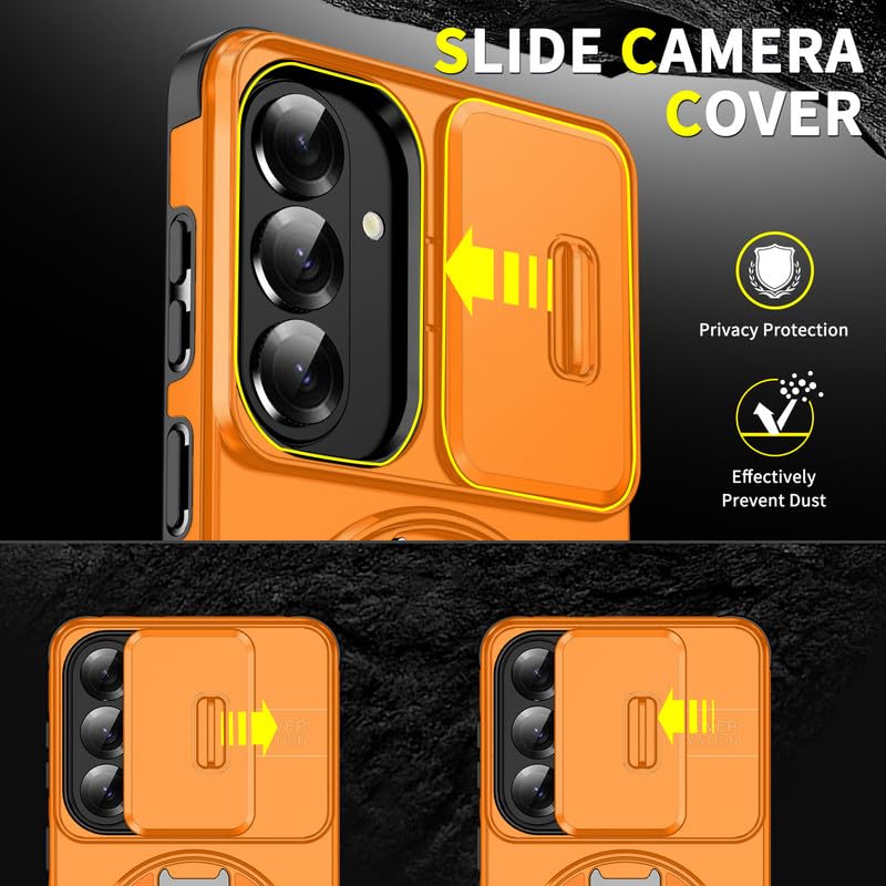 Image of LuxuryKase Shockproof Rugged Case for Samsung Galaxy S26 Plus | Slide Camera Cover | 360 Rotating Ring Kickstand | Military-Grade Protection - Sunset Orange