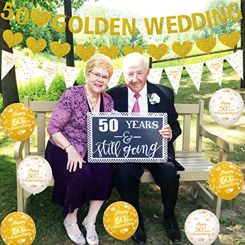 JOYMEMO Golden 50th Anniversary Decorations - Balloons, Banner, Heart Rings, Cake Topper, Satin Sash for Couple's Party Supplies - Image 4