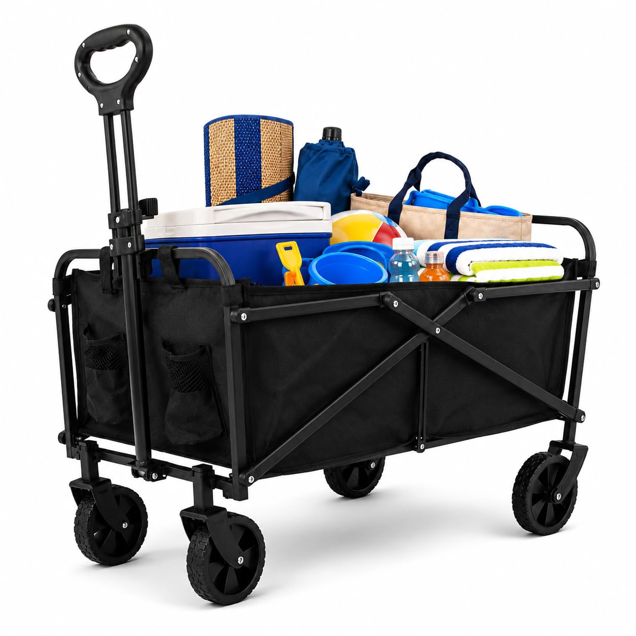 Folding Beach Cart – PINCHO – Folding Beach Cart, Folding Transport Cart with Telescopic Handle, Folding Trolley with Wheels and Brakes – 4 Wheels, Load 50 kg, Compact Folding, Pocket