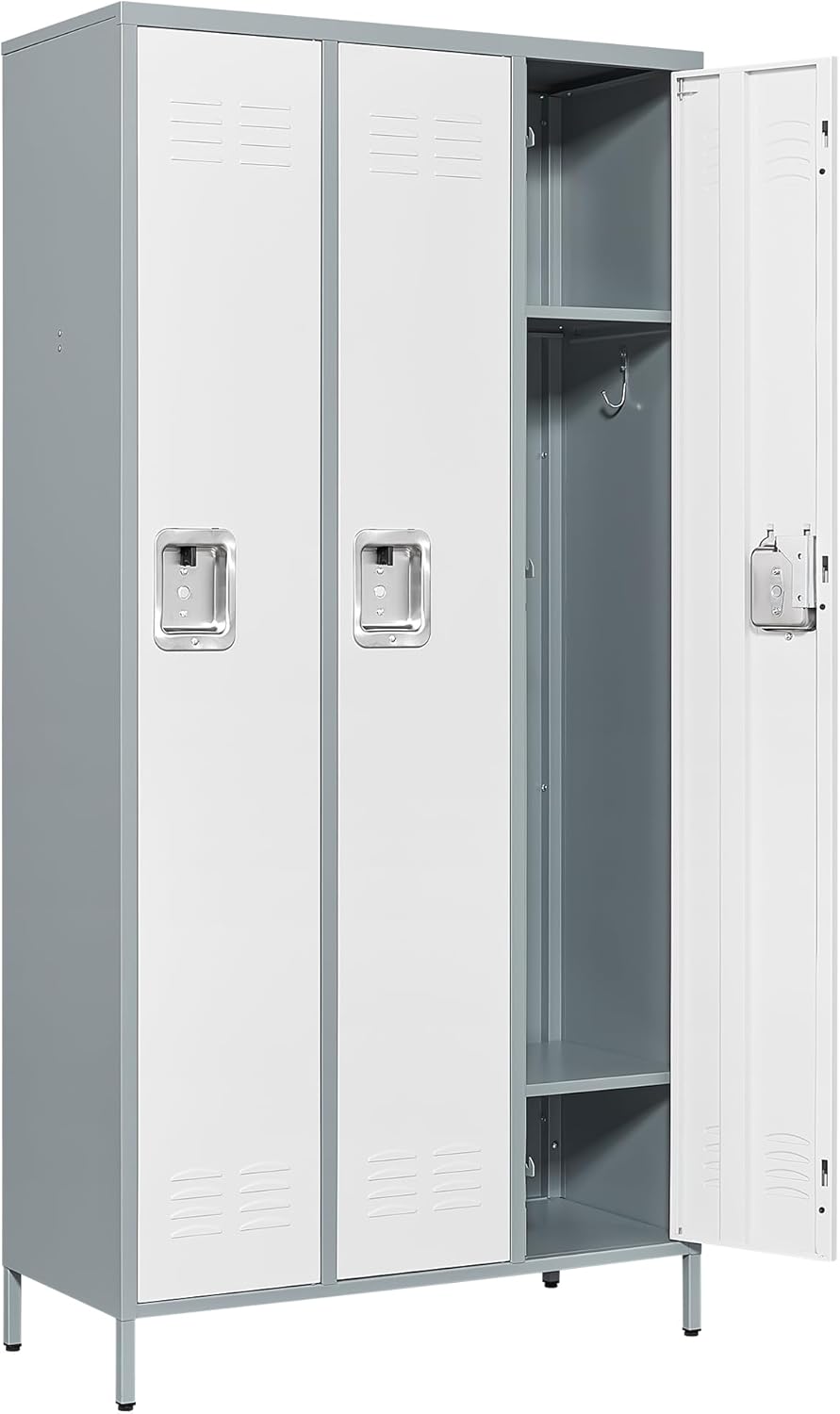 Metal Locker with 3 Doors Employees Locker, Metal Storage Locker with Hooks, 71" Storage Cabinet Lockers for Employees, Home, Office, Gym Requires Assembly (3 Doors, Grey White)