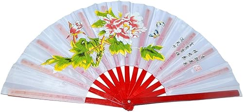 Medifier Chino Kung Fu Tai Chi Fan Arts DancePractice Performance Bamboo Plegable Fan Peony Flower Pattern (blanco)