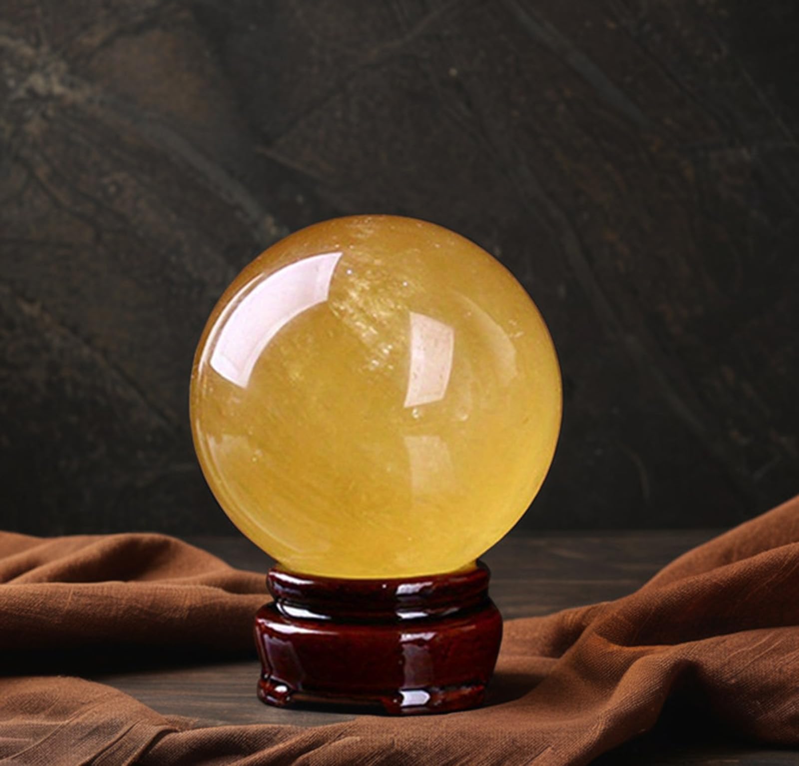 Bola de Esfera de Cristal de Citrino Natural Feng Shui con Soporte de Madera, Bola de Cristal Grande de Cuarzo Curativo para Meditación de Equilibrio Reiki Decoración del Hogar,12cm/4.7in