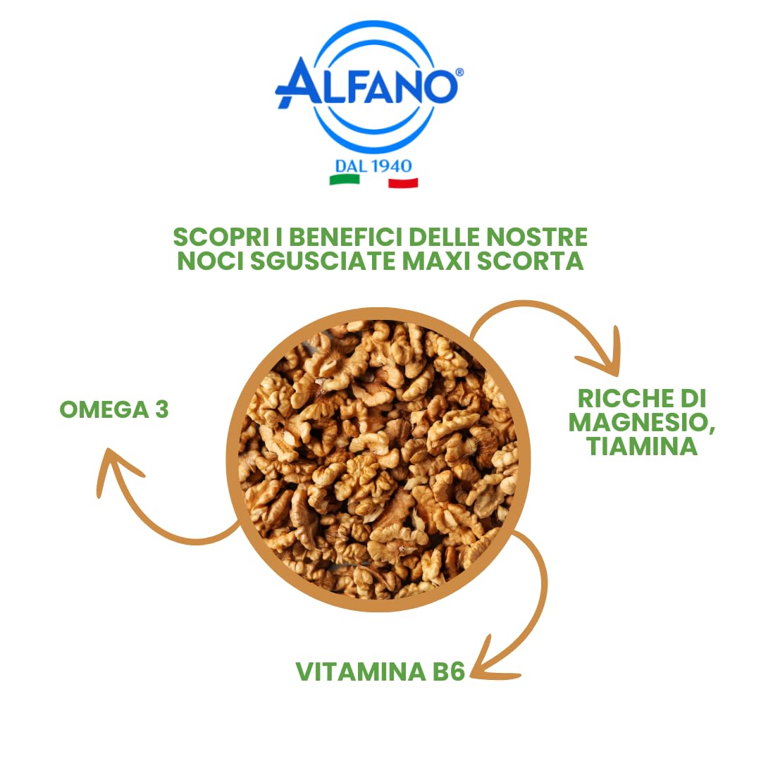 Alfano dal 1940 Noci Sgusciate Maxi Scorta 500g Ricche di Magnesio, Tiamina, Vitamina B6 e Omega 3 Snack Ideale per una Dieta Equilibrata e Vegana (4 Pezzi)