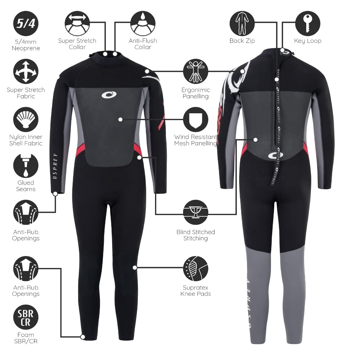 Osprey Boys Full Length 5 mm Winter Wetsuit, Kids Neoprene Surfing Bodyboarding Wetsuit, Origin, Red