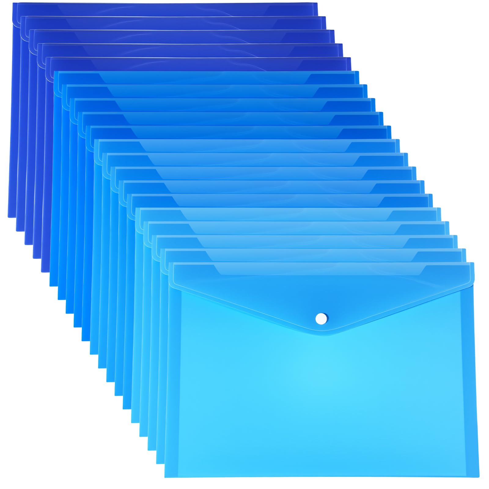 Leinuosen Blue Plastic Envelopes with Snap Button Closure, 20 Pcs Gradient Blue A4 Clear File Folders, Bill Receipt Paper Organizer for Back to School
