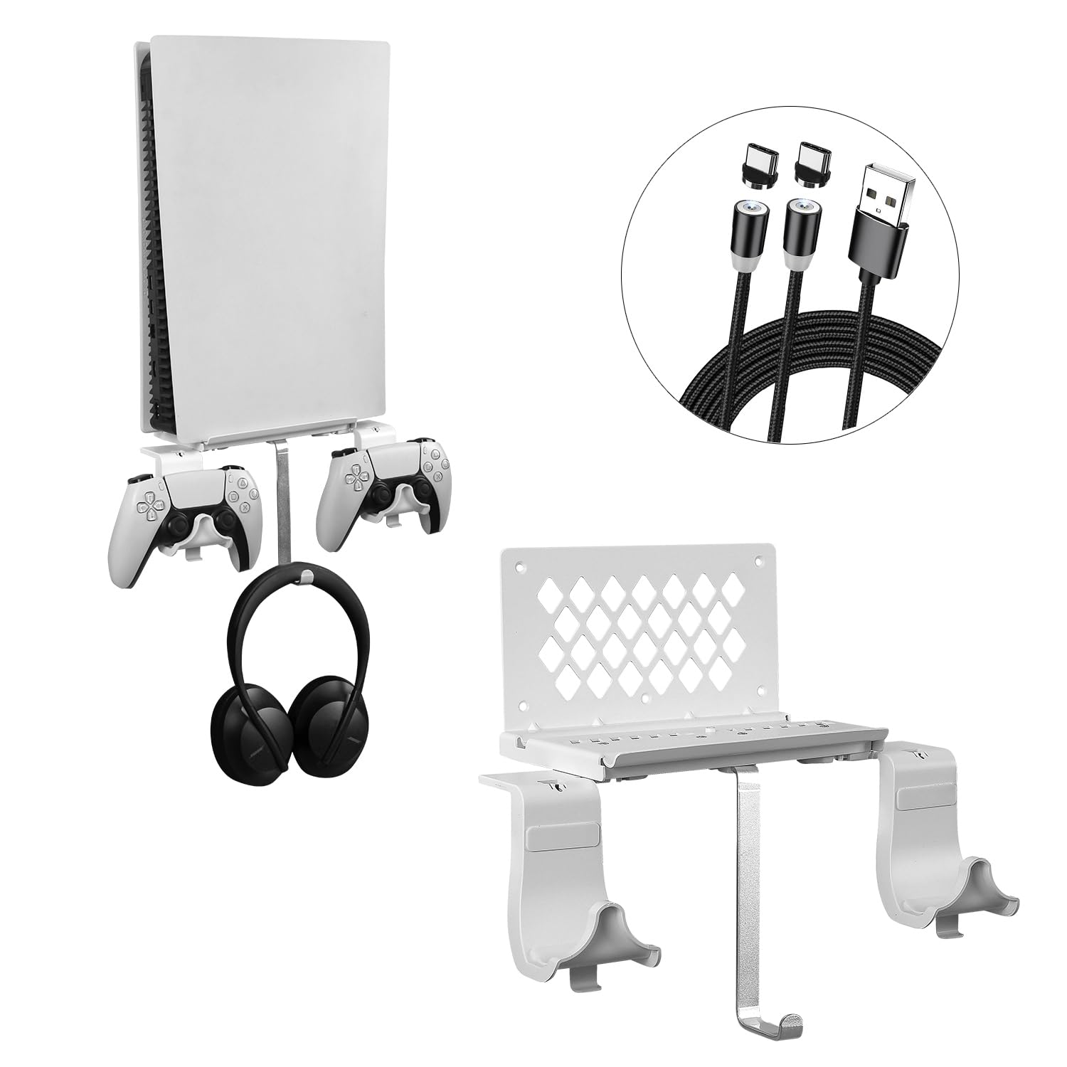 Hosanwell Wandhalterung für PS5 - Halterung Wand für Playstation 5 Konsole mit Controller Halter und Kopfhörerhalter - Massives Metall Zubehör - Platzsparend, Nicht für Slim und Pro, Weiß