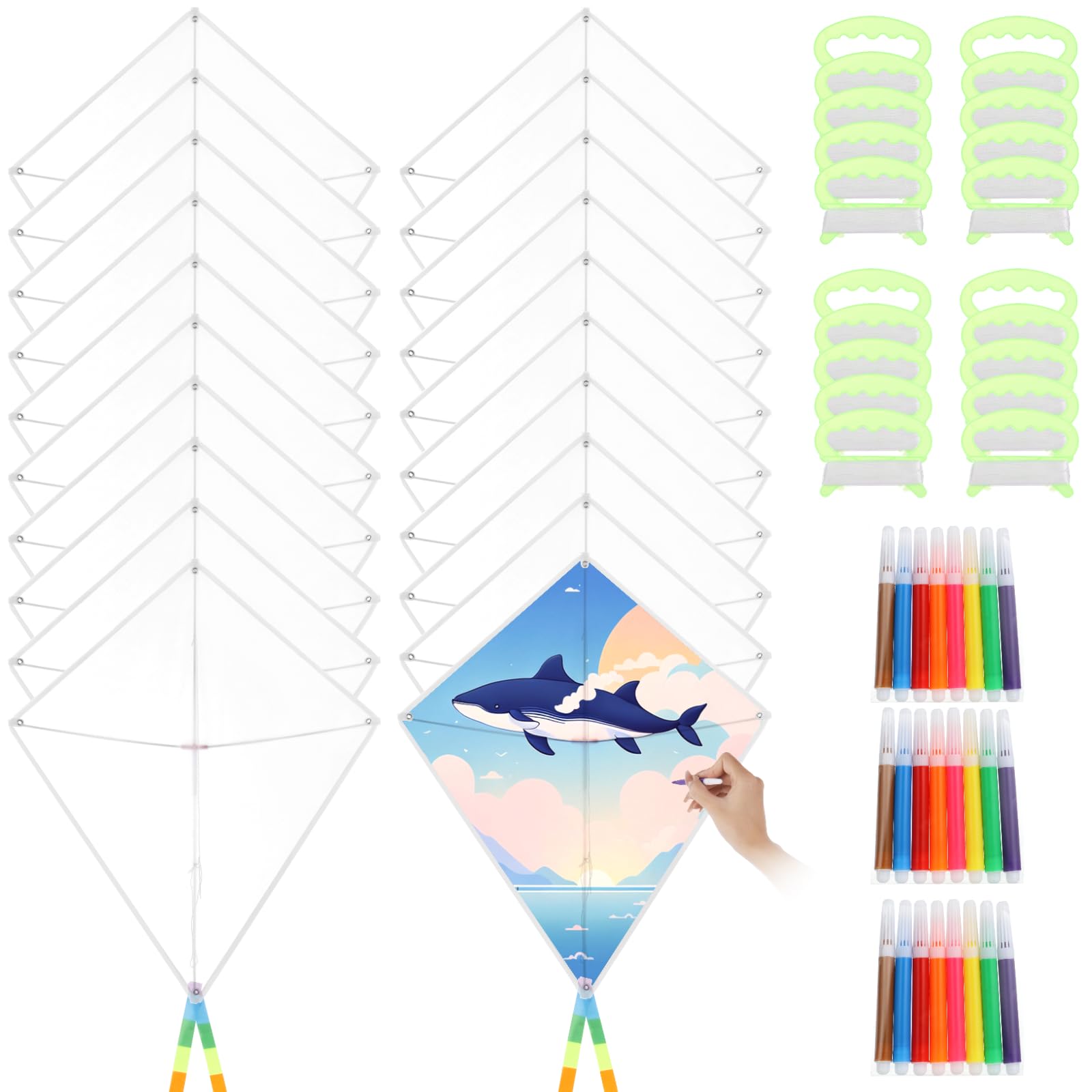 DIY Blank Kites 20 Packs, Bulk Kites DIY Kit for Kids DIY Decorating Coloring,Blank Making Craft Kit for Kids Aged 4+ 24PCS Watercolor Pens