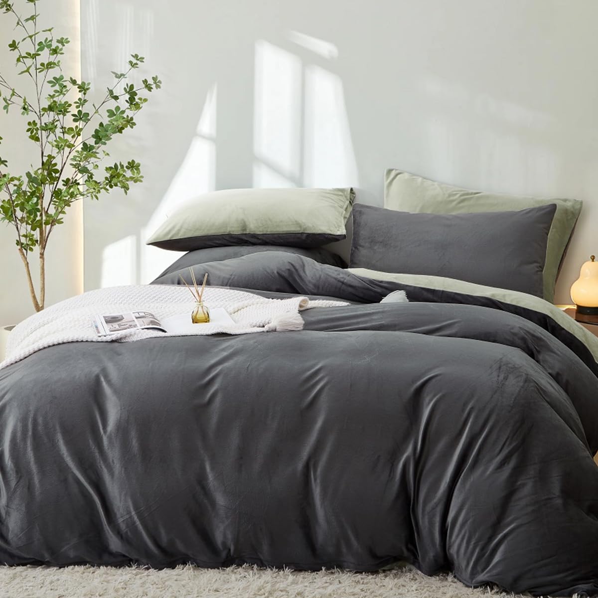Lanqinglv Biancheria da letto 135 x 200 cm, verde e bianco, foglie