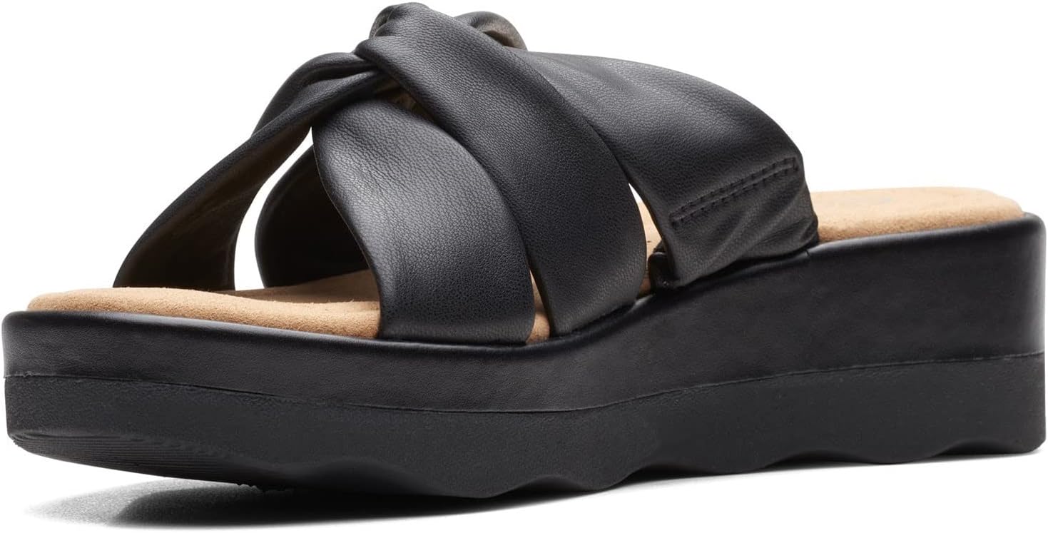 Clarks unisex adult Clara Charm Wedge Sandal, Black Synthetic, 8.5 US