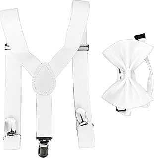 Juego de pajarita con tirantes para niños, elásticos, con clips fuertes, juego de pajarita para niños, tirantes ajustables para niños de 1 a 9 años, color blanco