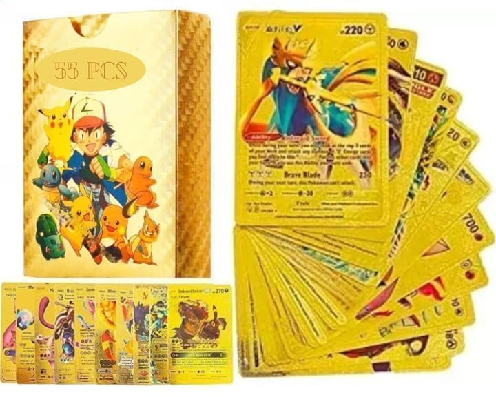 ZEKWON Pokemon Cards Pokémon Card Game Set – 55 Rare Unofficial VMAX GX VSTAR Cards Shiny Battle Trading Cards for Kids & Collectors Gift Pack - Gold(Golden 55 Pcs)-image-22
