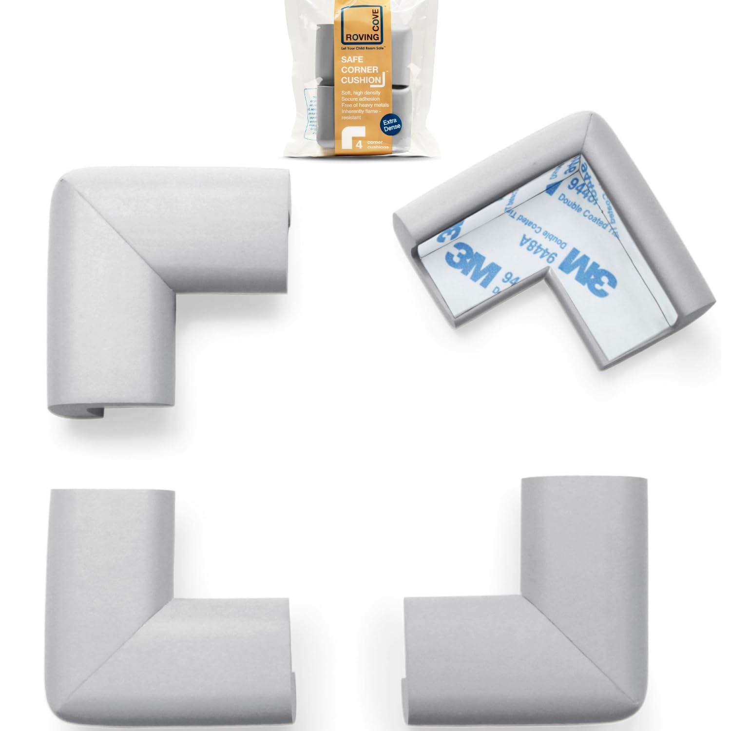 Roving Cove HeftyFit Corner Protector for Baby (4 Large Corners), Heavy-Duty Soft Rubber Foam Furniture Corner Bumper Guards, 3M Adhesive Pre-Taped,