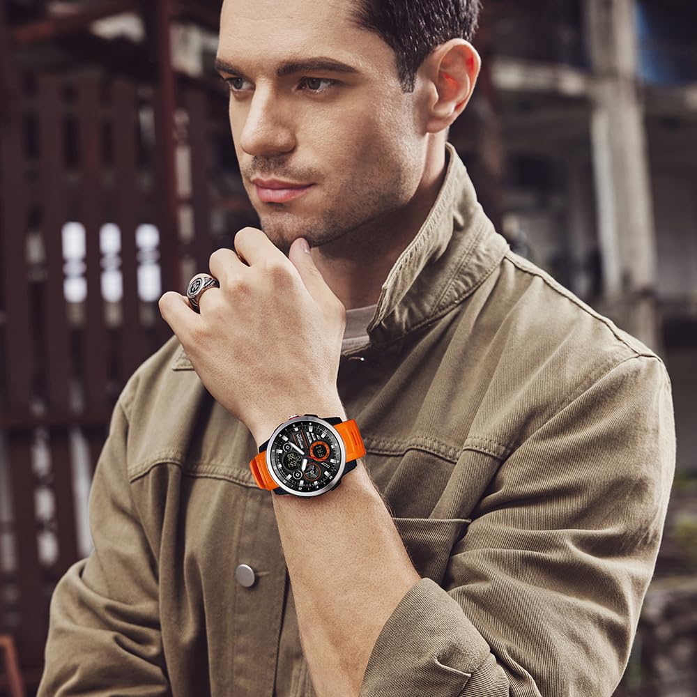 KXAITO Reloj deportivo de acero inoxidable para hombre, reloj militar para exteriores, cronómetro LED, digital, electrónico, grande, pantalla doble, impermeable, táctico, para hombre