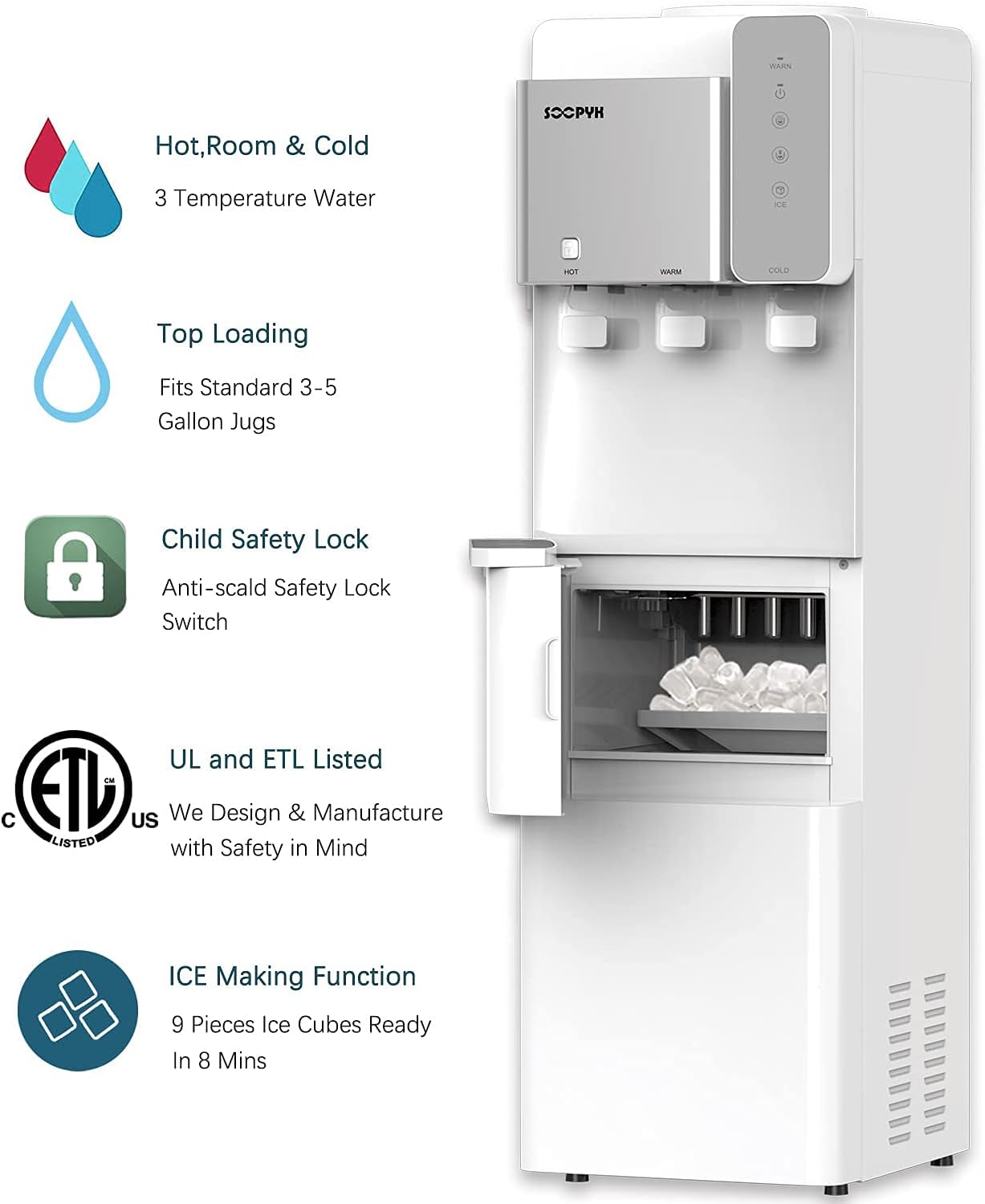 Close-up of the ice maker compartment showing ice cubes being formed and collected.