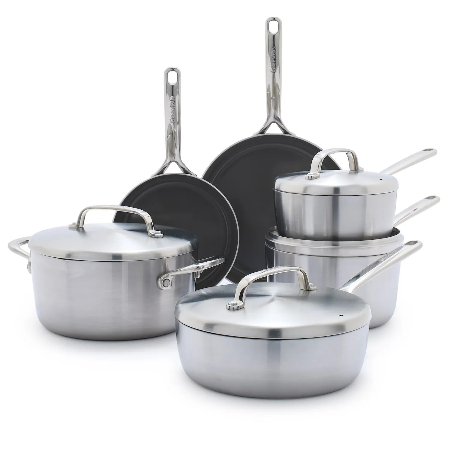 GreenPan GP5 - Juego de ollas y sartenes antiadherentes de cerámica saludable de 5 capas de acero inoxidable de 13 piezas, sartenes, saltear, cacerolas, olla de stock, resistente a los arañazos,