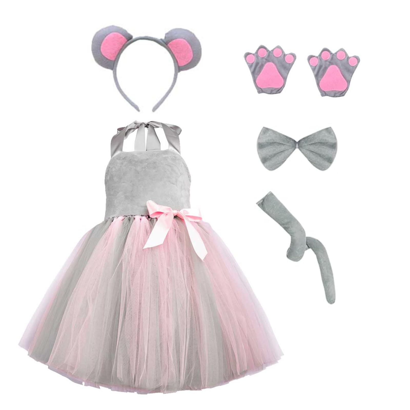 Hinevey 5pcs Kids Mouse Costume Set Animal Costume for Kids Mouse Ears Headband Set for Halloween Cosplay Party