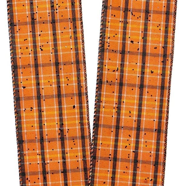 Image of Glitter Orange Wired Halloween Ribbon - 2 1 /2 inch x 10 Yards, Orange, Yellow & Black Plaid, Spring, Fall Decor, Thanksgiving, Christmas, Wreath, Easter