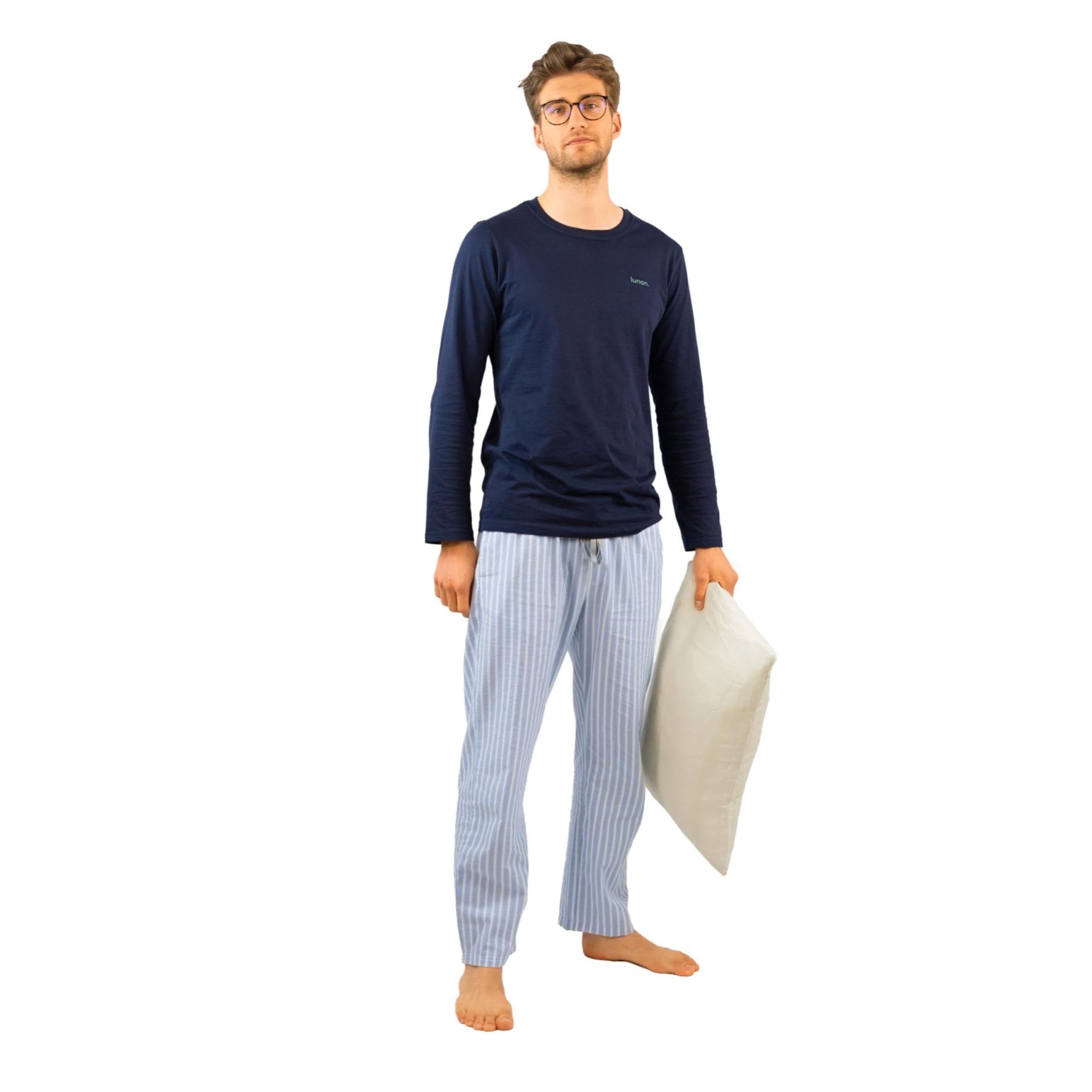 lunon Fleece pyjama heren lange pyjamaset fleece lange mouwen Pijama for Men tijdloos design, geschikt voor winter en zomer (2-delige set), blauw, XL