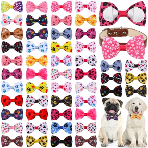 Reginary 50 Pcs Dog Paw Bow Ties Bulk Pet Grooming Supplies with Rubber Bands Colorful Bowtie Collar Attachments for Small Medium Dogs & Cats Groomer Supplies Wedding Birthday Occasion