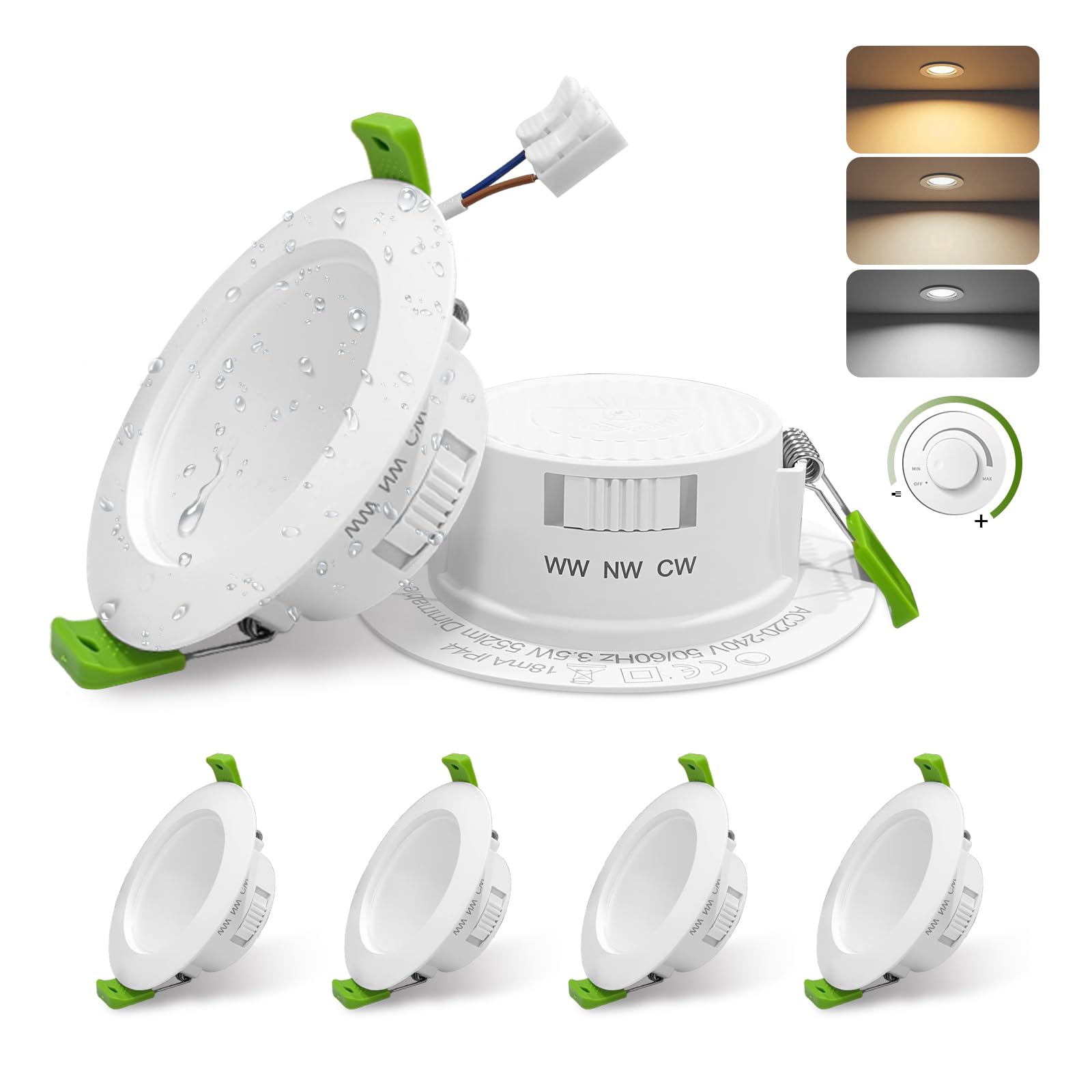 GY Energieeffizienzklasse B LED Einbaustrahler 3.5W 230V Dimmbar, 552 Lumen,IP44 Einbauleuchten Für Badezimmer Küche, 3CCT 3000K/4000K/6500K Einbauspots, 6er Set