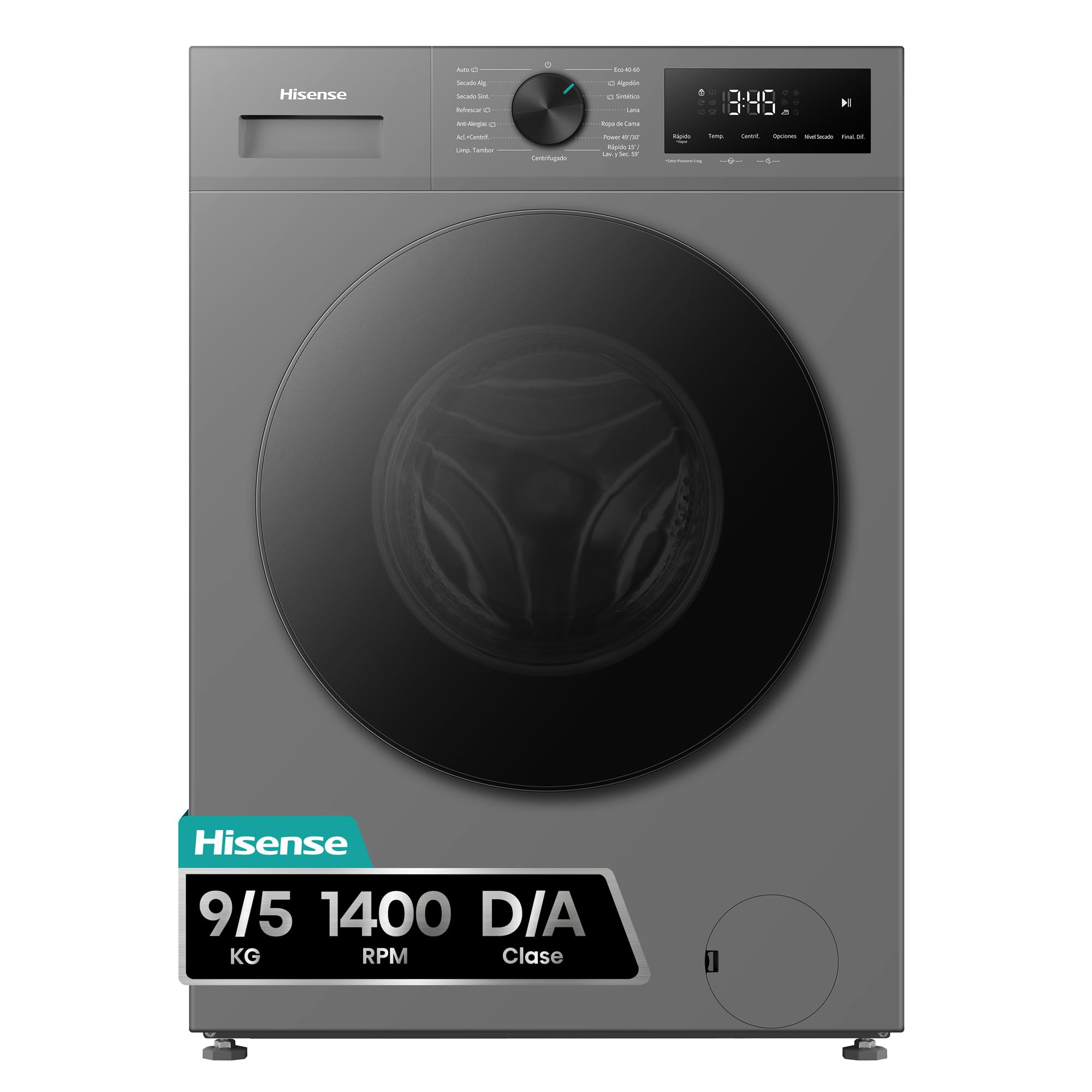 Hisense WD1I9042BTF2 - Lavasecadora 9 kg/5 kg, Fondo 47cm, 1400 rpm, Lavado y Secado 59', Dispensador Automix, Programa Lavado Auto, Función Antiarrugas, Lavado Pure Jet, Función Vapor 99,9%, Silver