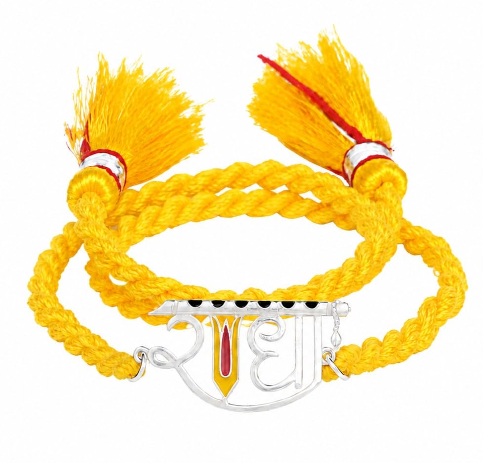 Image of Meenakari Heriatge Jewellery 925 Sterling Silver Morpankh (Peacock feather) Radha Krishna Rakhi Set For Men /Boys /women /Unisex With Roli Chawal, Rakshabandhan greeting Card and Authenticity certificate