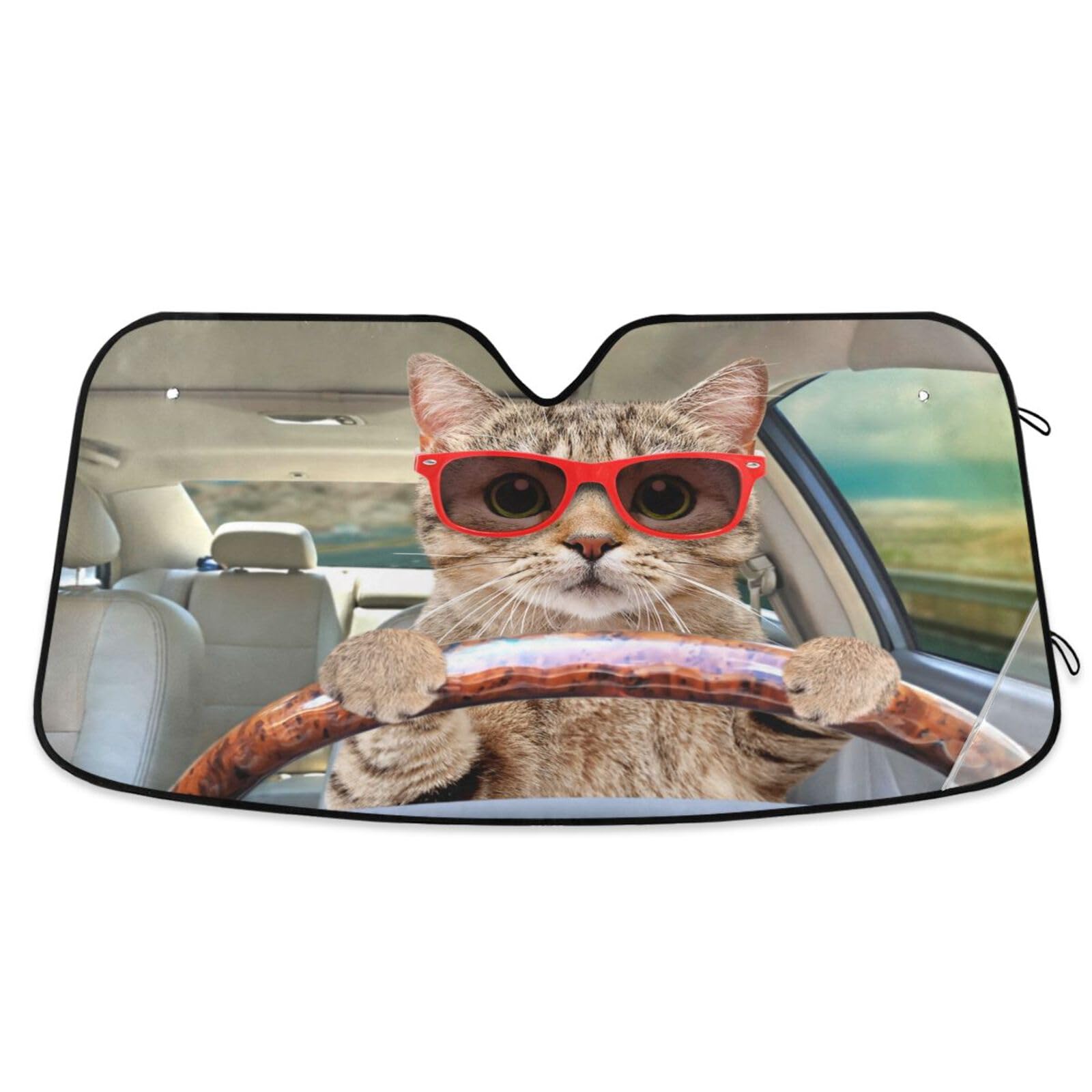 Photo 1 of Oarencol Fun Cute Cat Driving Car Windshield Sun Shade Foldable UV Ray Sun Visor Protector Sunshade to Keep Your Vehicle Cool (53" x 23.5")