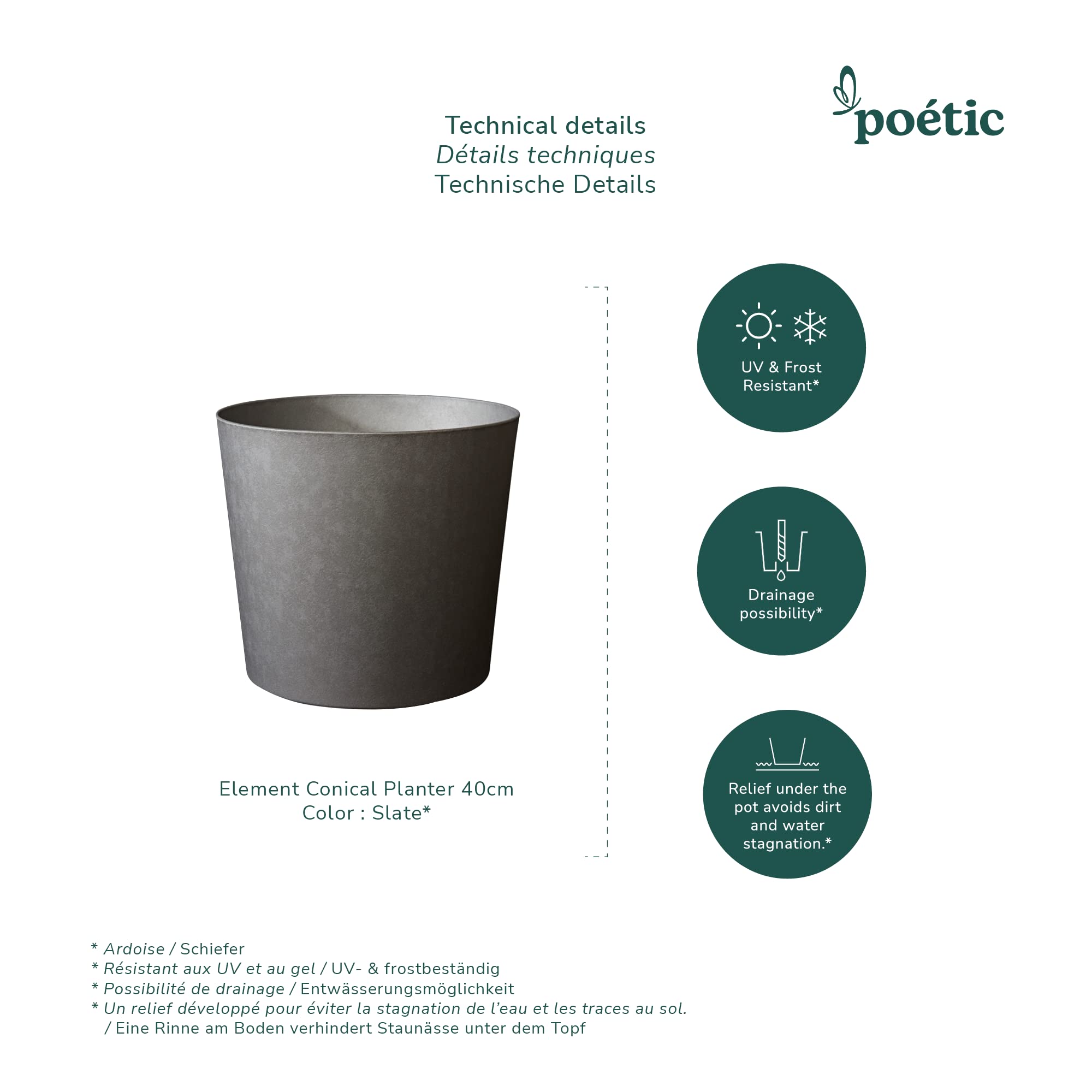 POETIC - Blumentopf für den Außenbereich - Konisches Pflanzgefäß für Indoor - Farbe Schiefer - 39,1 x H.32 cm, 30 Liter - Aus recyceltem Kunststoff