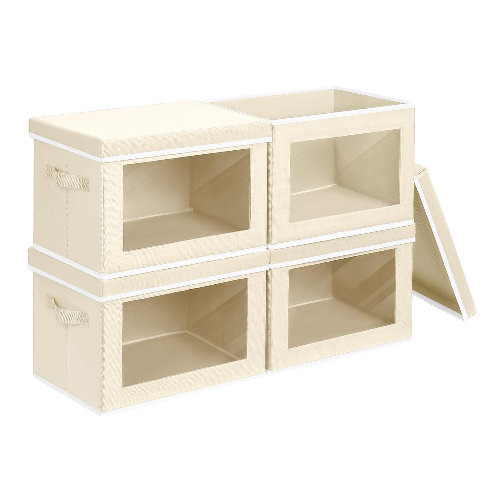 Homsorout 4 Pack Storage Boxes with Lids - Small Fabric Wardrobe Organisers with Transparent Window, Lidded Baskets Decorative for Clothes, Towels, T-shirt, Sheet, Beige — image 1