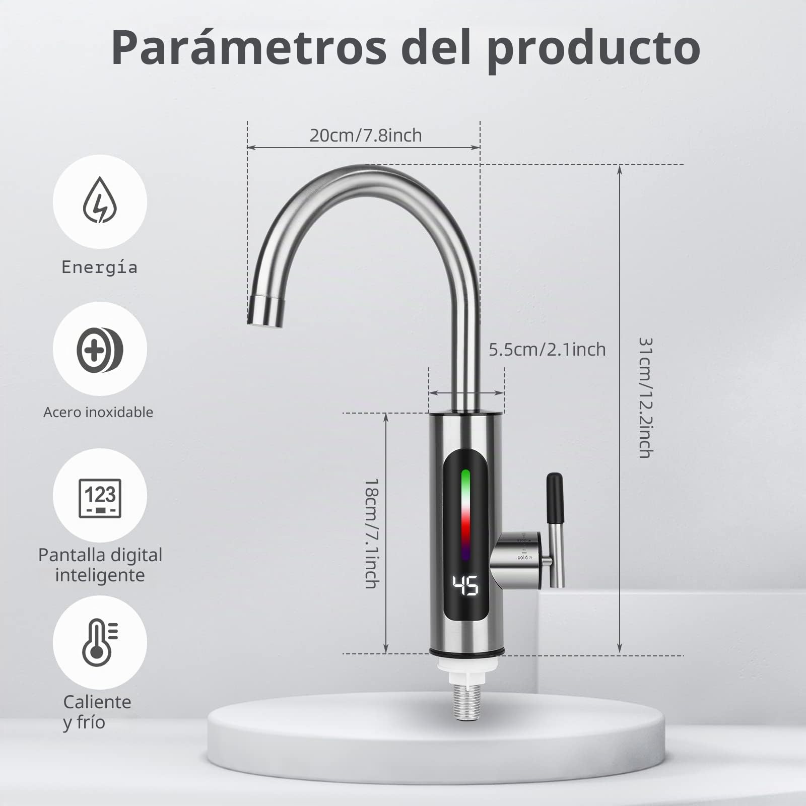 Grifo Agua Caliente Instantanea, Grifo Calentador de Agua Electrico, giratorio 360°, de acero inoxidable, grifo de cocina eléctrico, calentador de agua caliente, grifo de agua caliente para cocina