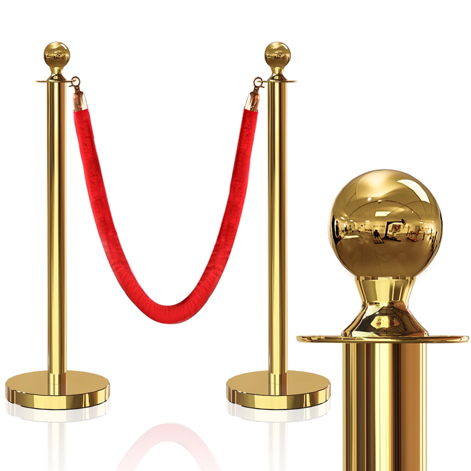 JLXMAXLJ 2PCS Gold Stanchions Posts with 1PCS 5 ft Red Velvet Rope, Red Velvet Rope Stanchion Set Crowd Control Barriers, Stanchions and Velvet Ropes