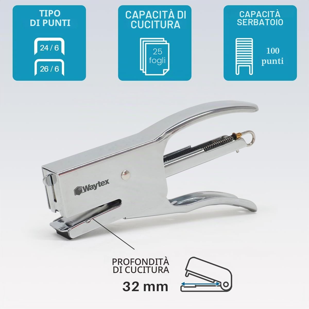 WAYTEX 931550 - Pinza cucitrice in metallo, 25 fogli, compatta, 100% metallo, per graffette 24/6 e 26/6, uso intensivo, colore: Cromo