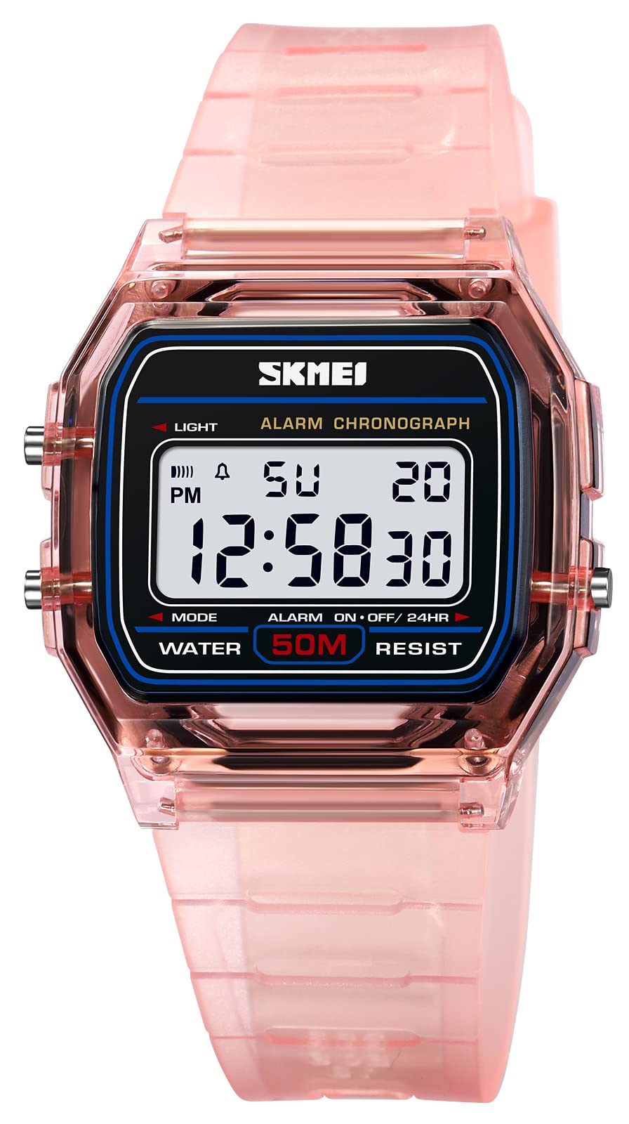 Gosasa Unisex Classic Transparent Color PU Strap Digital Sports Watch Waterproof Casual Digital Watch (Pink)