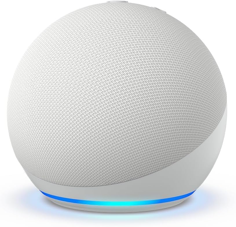 A standalone Glacier White Echo Dot device, spherical in shape with a light ring at the base.