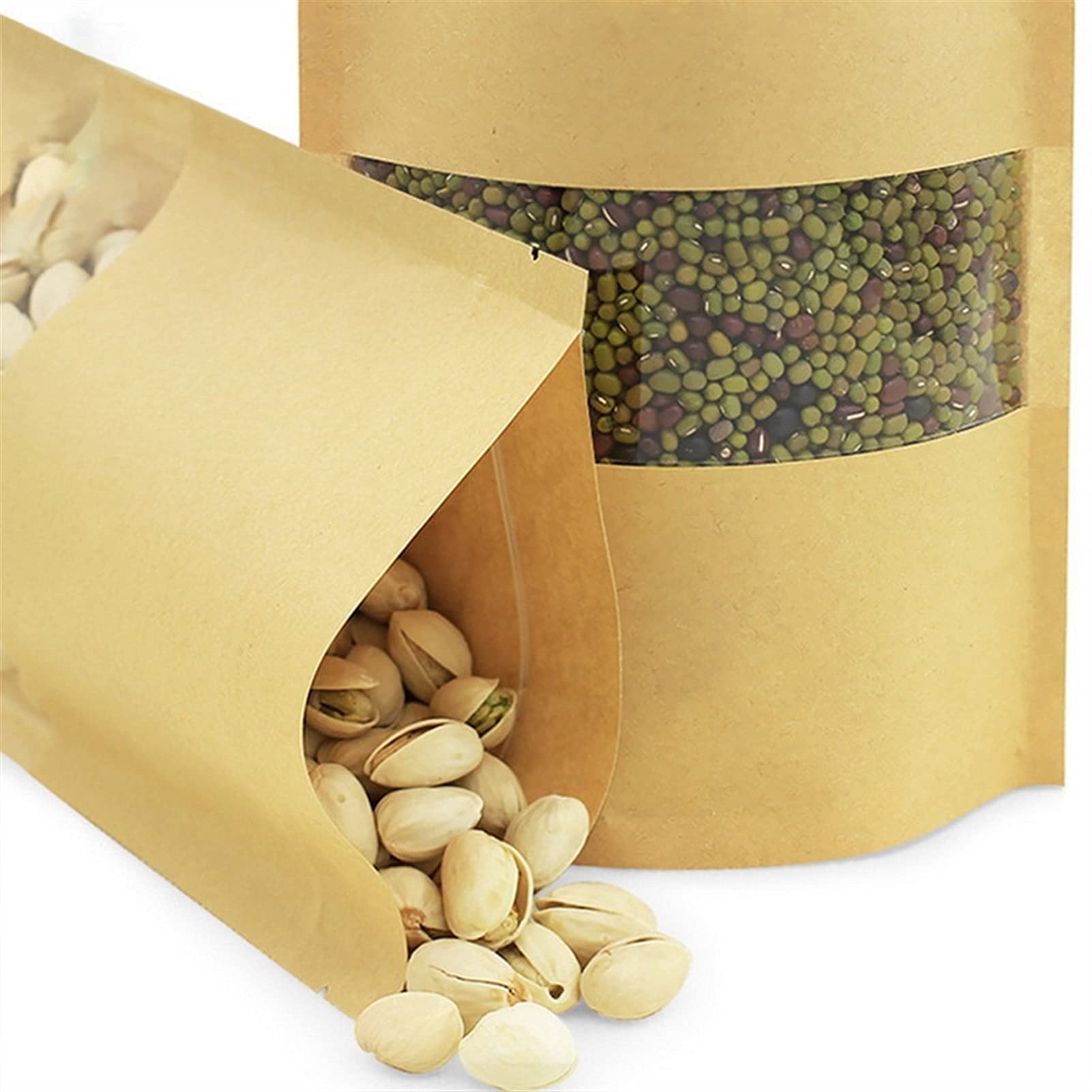 Sacs de conservation des aliments, Sachets Kraft refermables avec fenêtre, format stand-up, fermeture zip, thermoscellables, lot de 100, tailles multiples(17x24cm)