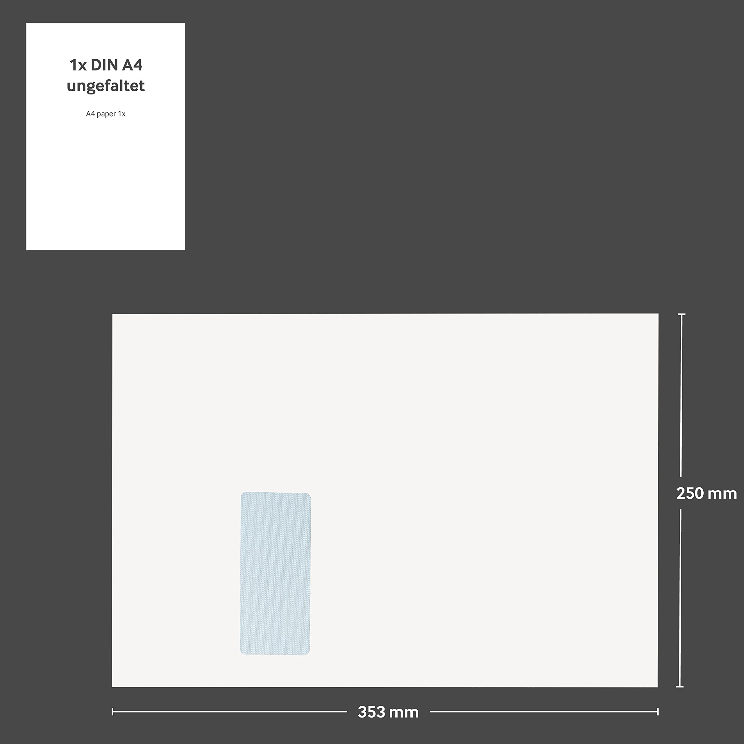 Versandtaschen DIN B4, 250 x 353 mm, mit Fenster, 250 Stück, Weiß | Haftklebung mit Abziehstreifen, Gerade Klappe, 120 g/m² Offset, Blanke Briefhüllen