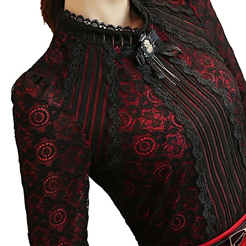 SansoiSan Women's Vintage Beaded Buttons Pleated Shirt Long Sleeve Lace Stretchy Blouse3