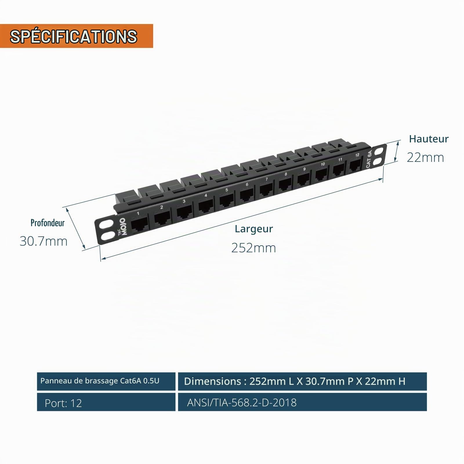 Tecmojo Panneau de Brassage 0,5U 10 Pouces 12 Ports Cat6A, Module de Montage en Rack avec Connecteurs Keystone RJ45, 10 Gigabit Ethernet, Noir