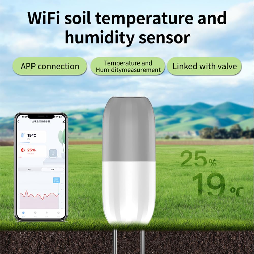 Haozee Capteur d'humidité du sol intelligent WiFi Appareil de mesure de l'humidité et de la température du sol pour jardin, ferme, serre, étanche