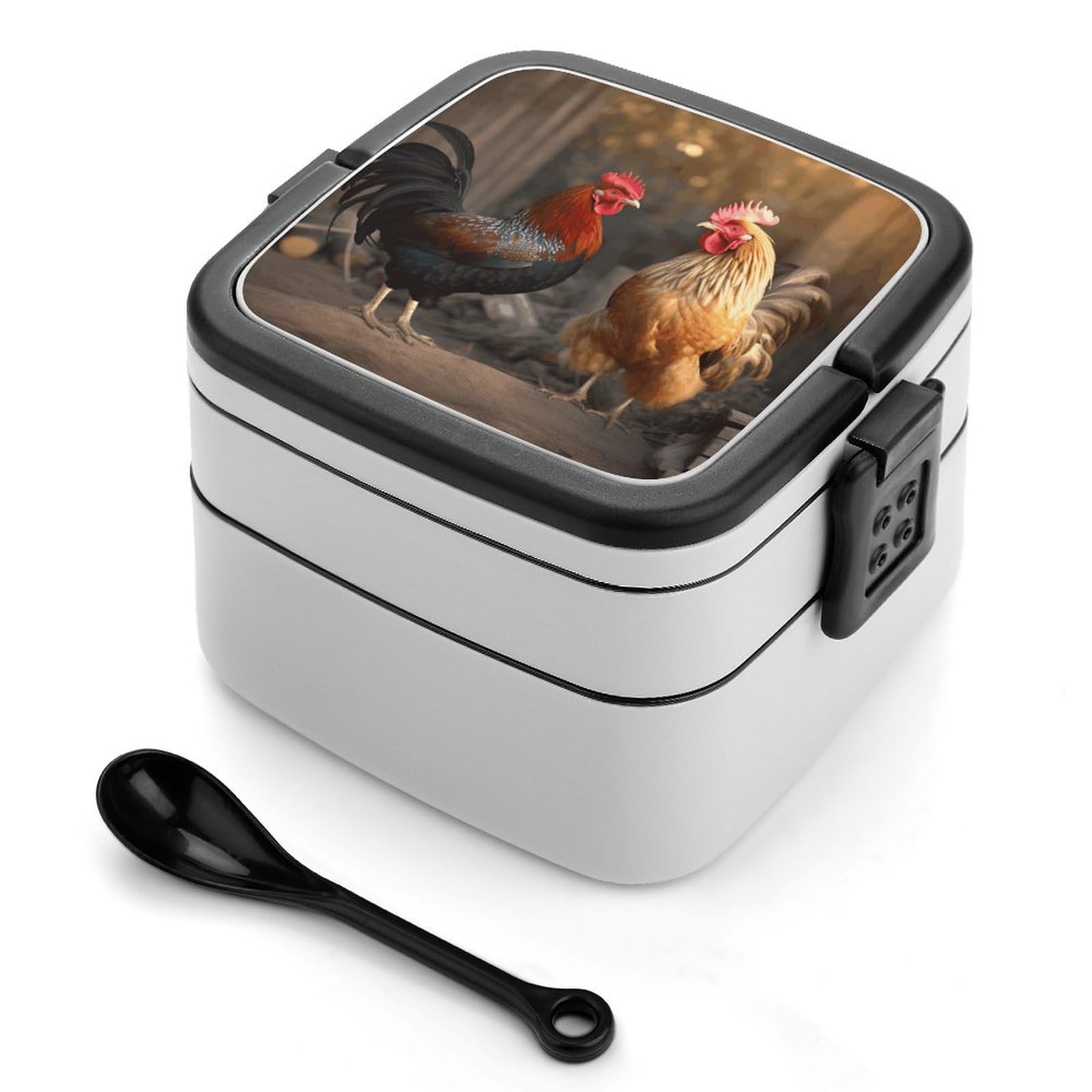 VstaDank Rooster And Chicken Bento Box Portable Adult Lunch Box with 2 Layer&Spoon Reusable Insulated Lunchbox Large Food Containers Leak Proof Lunch Containers for Work Camping Meal Prep